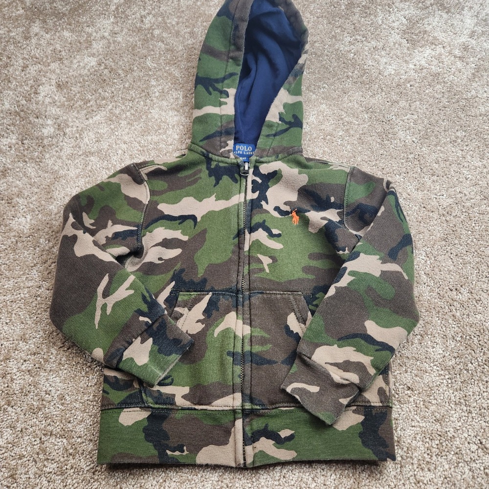 Polo Ralph Lauren Kids Camo Full Zip Hoodie Orange Pony Logo Green 4T Sweatshirt